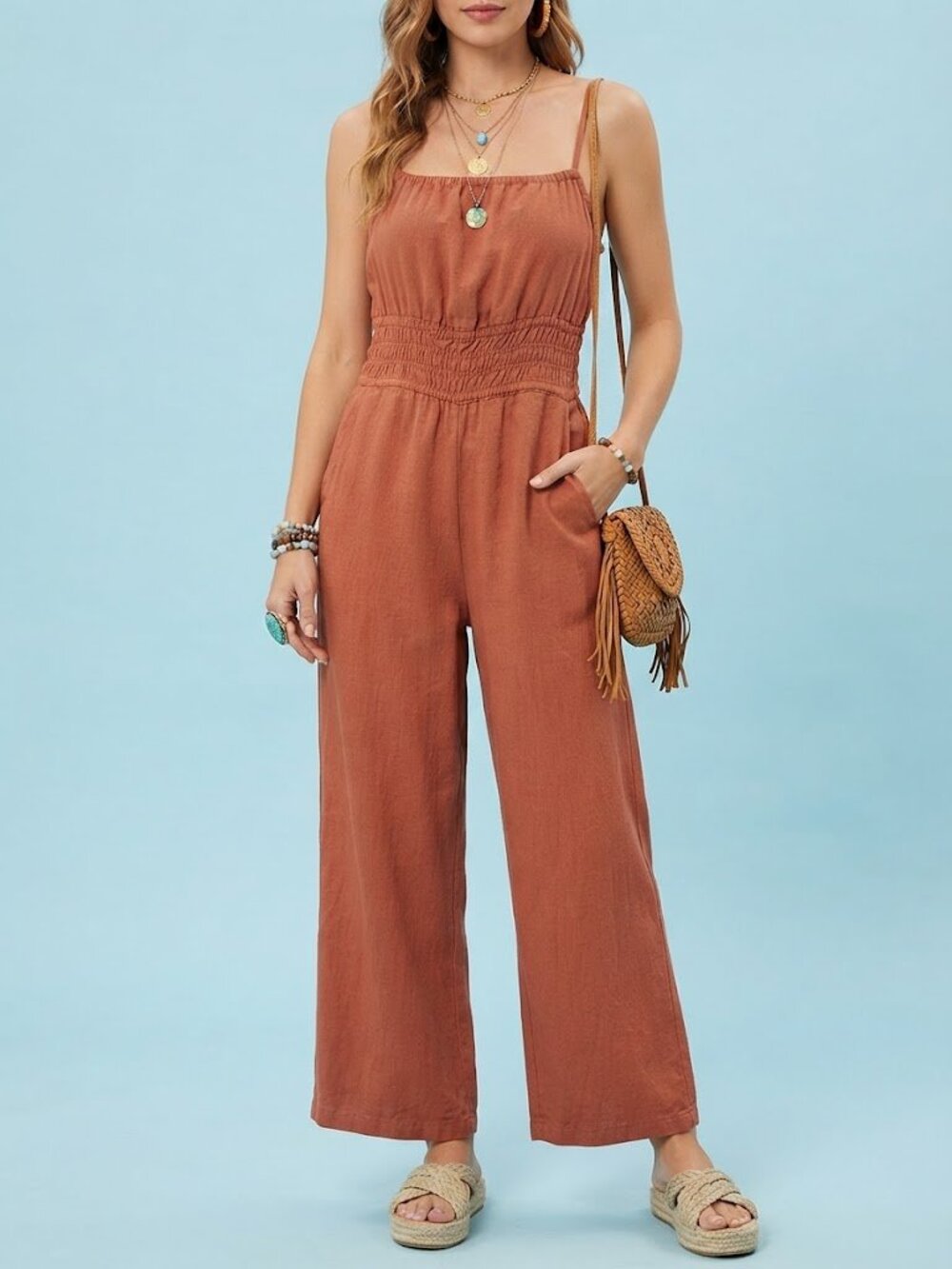 Burnt Orange Linen Blend Wide-Leg Jumpsuit